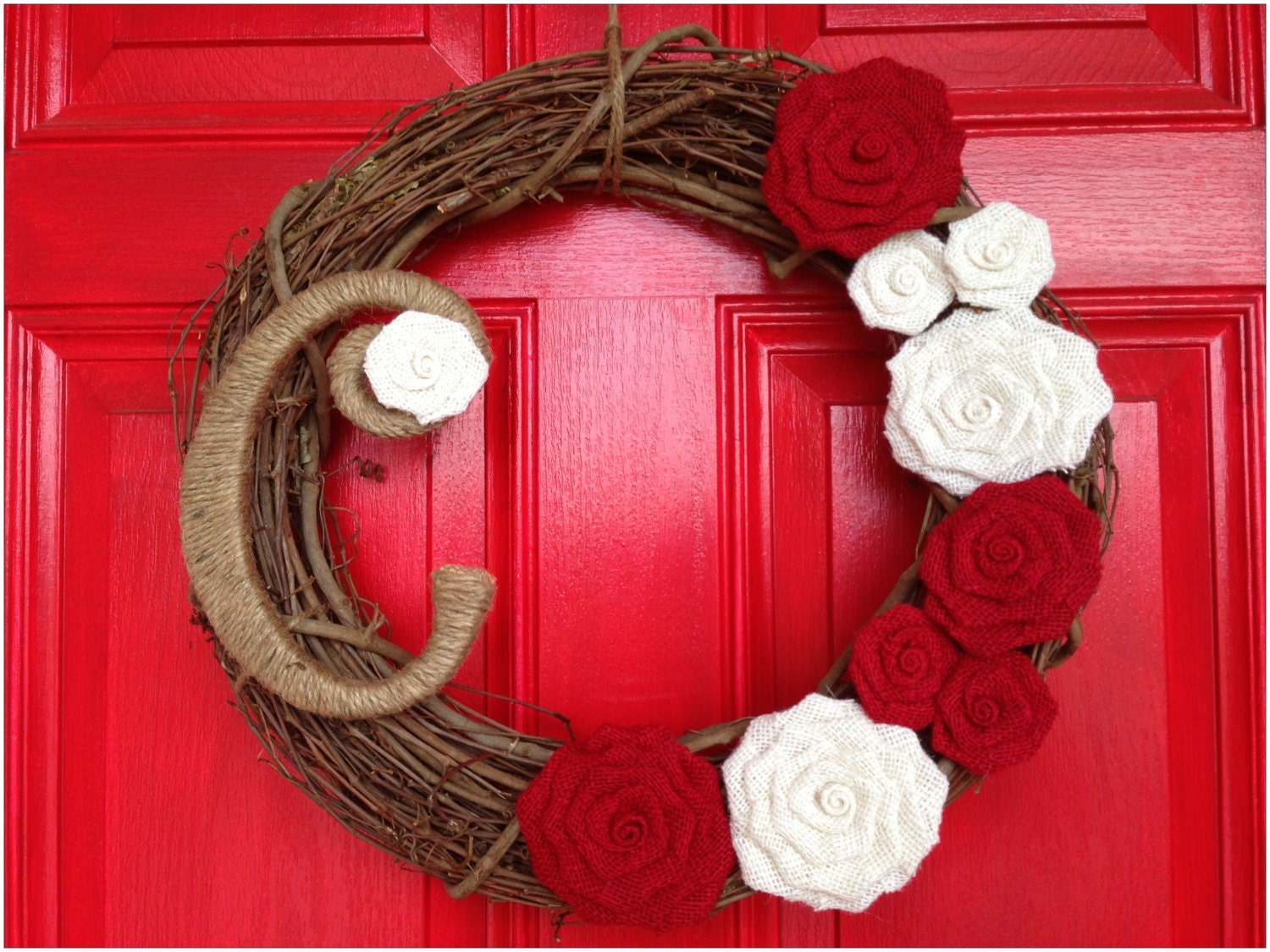 Grapevine Cream, and Red Burlap Wreath with Twine wrapped Letter with Burlap Flower- Holiday Wreath, Winter Wreath and Valentine Wreath