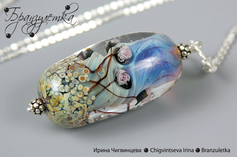 Pendant Promise 3D blue bead lampwork murrini with pink roses silver 925