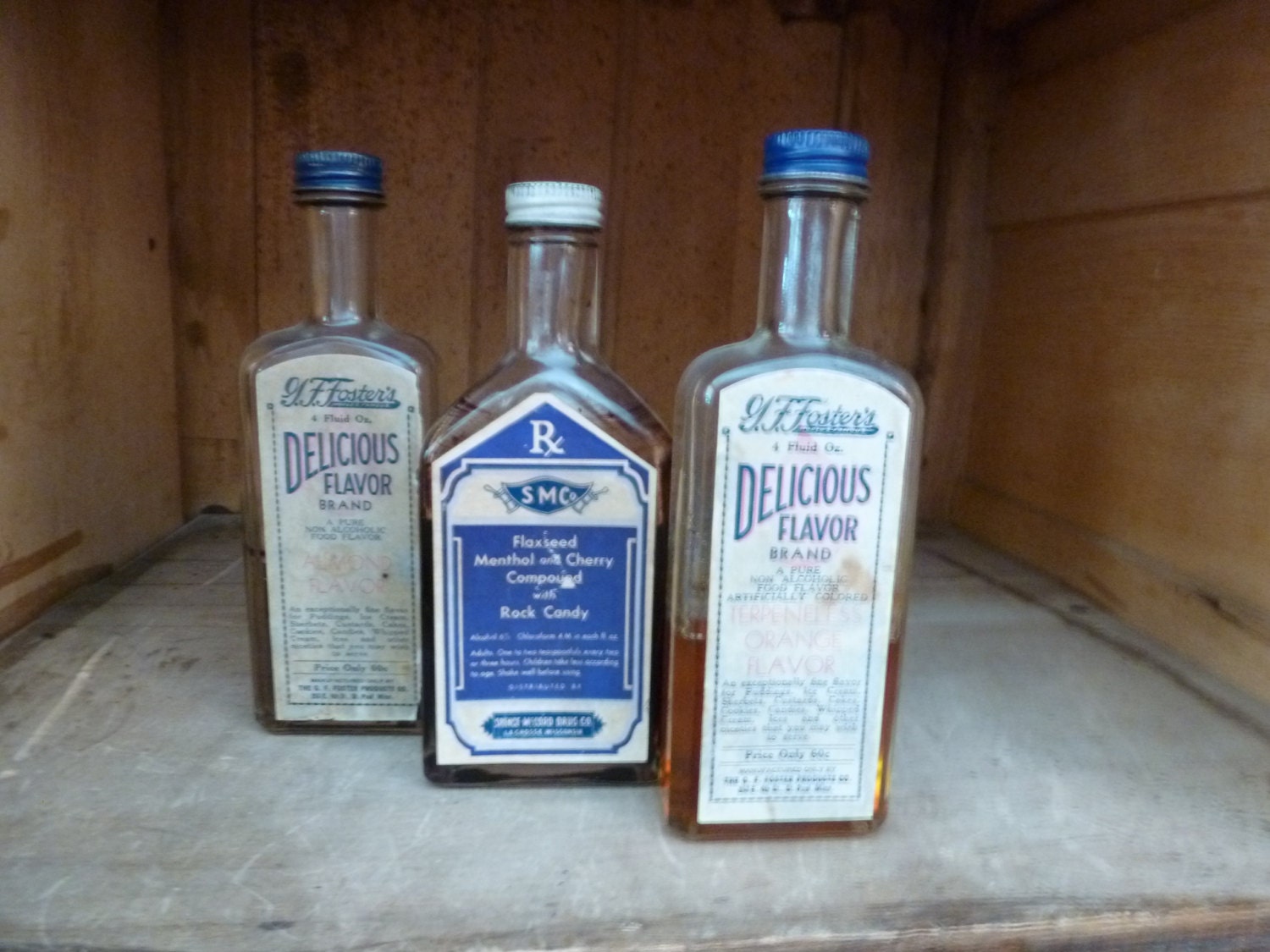 Vintage Bottles/ Glass/ Labeled/ Old Bottles/ Flaxseed Oil/ Fosters Flavors/ Blue/ Display Bottles/ Home Decor/ Collectors/ Kitchen Decor