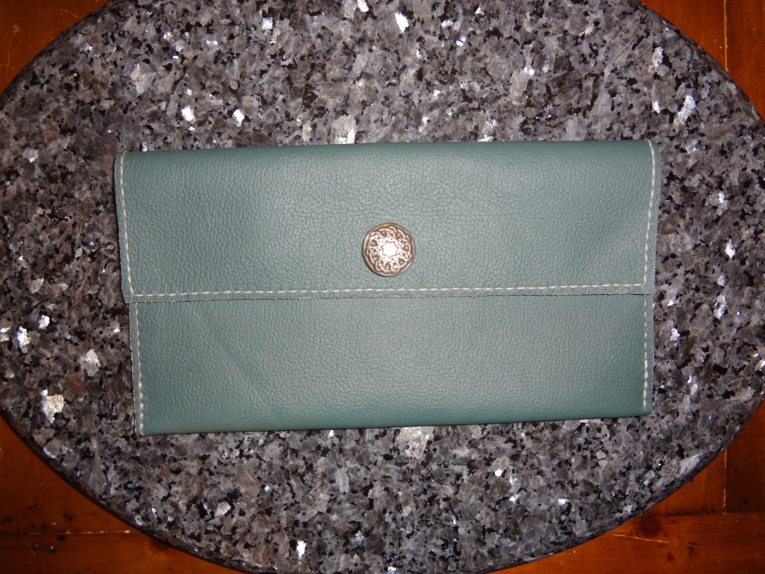 Handmade Leather Clutch  Emerald Green/White with Celtic Pictish Knot Clasp