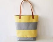 Large Tote bag, Shopper bag, Beach bag, Vegan Leather, Stripes, Yellow and gray, Pastel