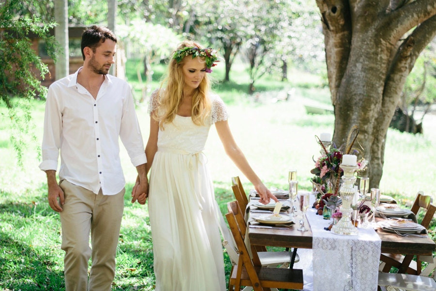Ivory French lace silk chiffon beaded wedding dress capped sleeve floaty skirt