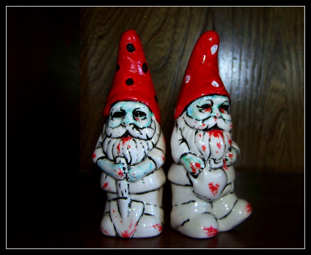 ZOMBIE GNOME Salt and Pepper Shakers. Hand Painted