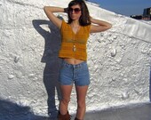 mustard yellow crop top crochet shirt, short sleeves, stripes, hippie boho summer