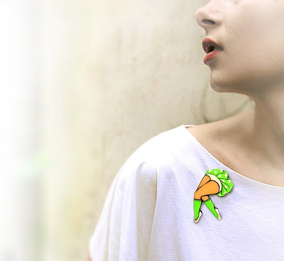 Brooch Fluttering Lady, Neon Green polka dots, legs, neon gift idea, funny holiday jewelry