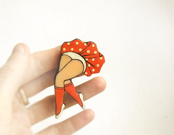 Brooch Fluttering Coral Lady, Coral polka dots, coral gift idea, legs, coral red, funny holiday jewelry