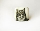 Animal Brooch Fox,  black&white, miniature handmade drawing, fox portrait