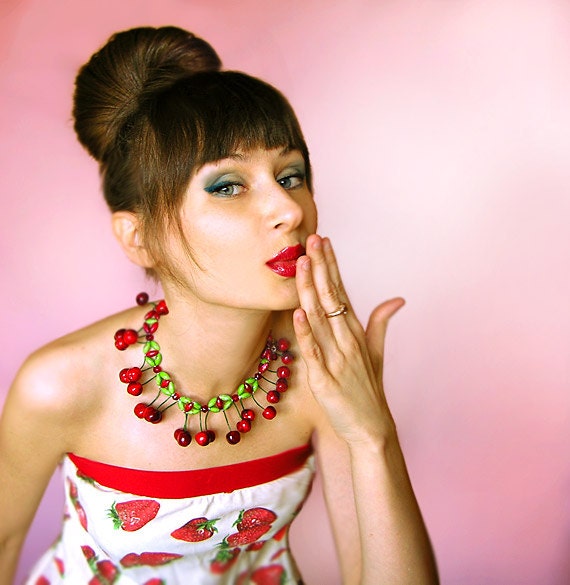 Red Cherry Kiss Necklace, statement necklace, handmade, pin-up, bright jewelry, red and green, retro 50s-60s style