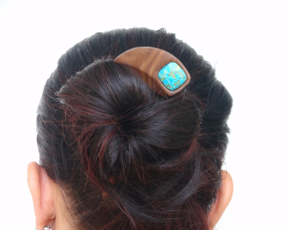 Wooden hair fork, 2 prong, Hair sticks, Wood, Walnut, Mosaic turqouise, Synthetic stone, Hairpin, Handmade, Hair accessory, WoodArtJewelry