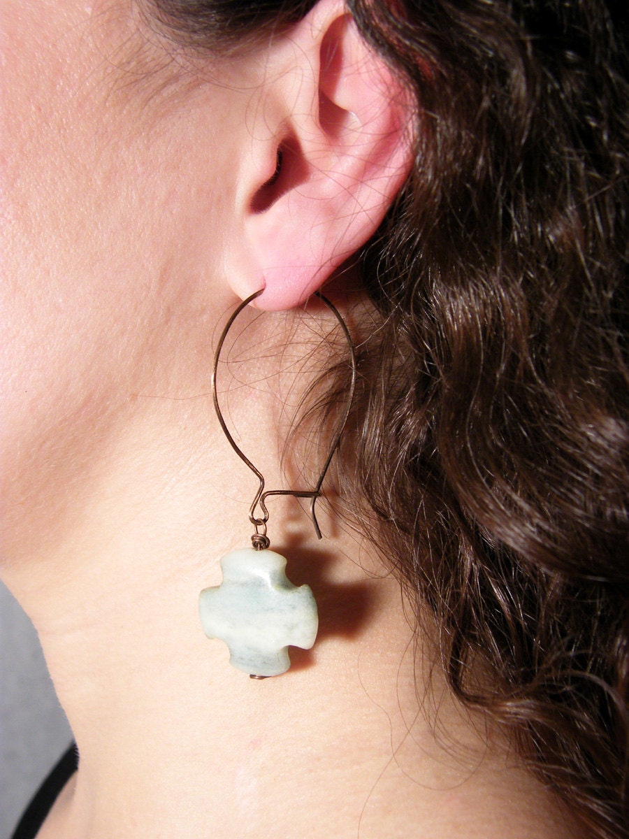 Cross light blue earrings copper dangle earrings
