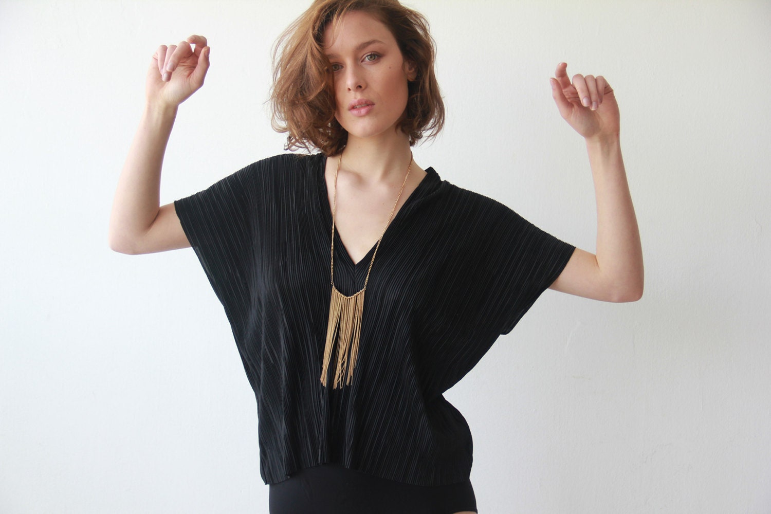 Black pleated shirt , evening blouse,V-neck