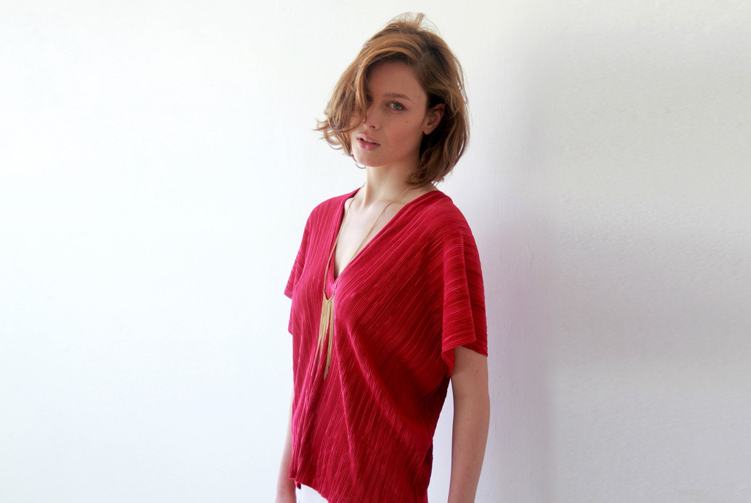 Cherry Red pleated shirt , evening blouse , V-neck