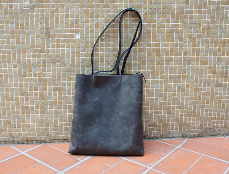 Grey Leather Tote Bag