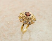 Vintage Garnet Ring -  Diamonds and 18K Yellow Gold