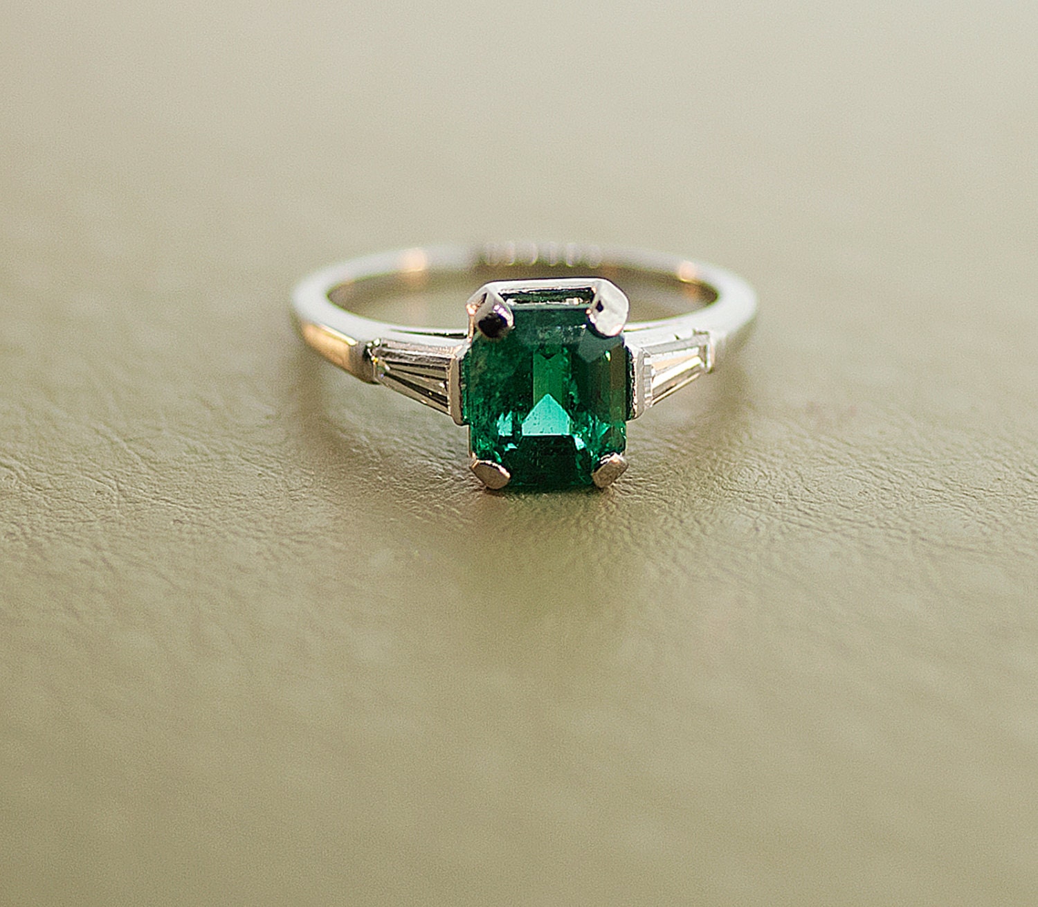 Vintage 18k White Gold Gem Quality Emerald and Diamond Ring