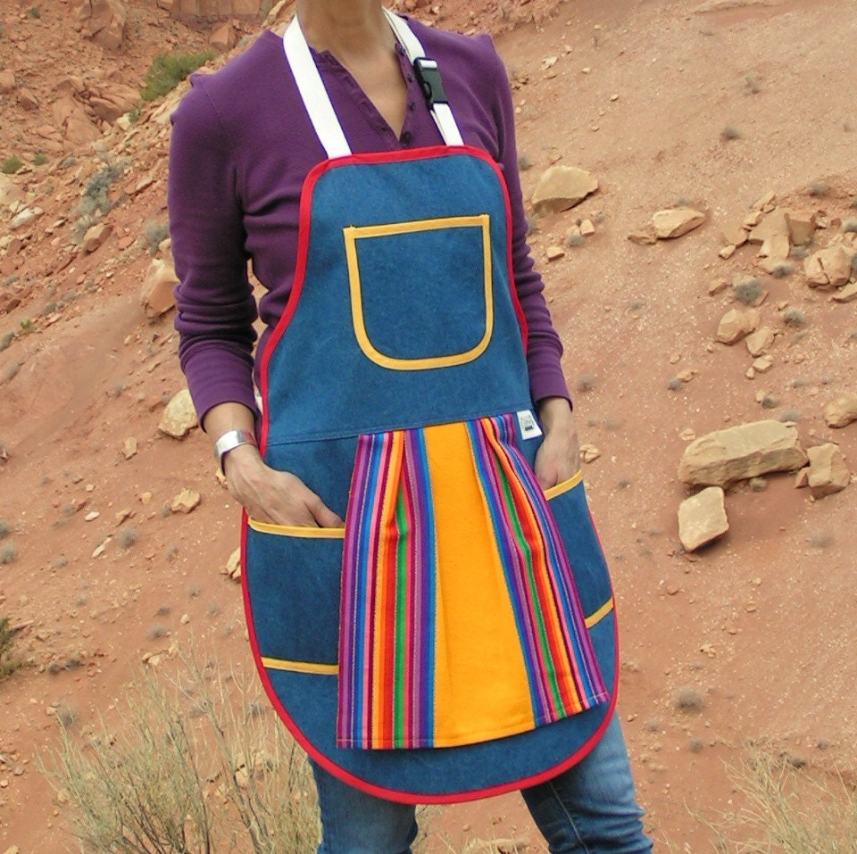 Mary's Gourmet Kitchen Apron in 100% Cotton Denim w/Hand woven Guatemala striped towel