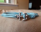 Light Blue Woven Waxed Cotton Cord Wrap Bracelet with Silver Anchor featuring adjustable slip knot