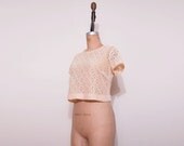 1970s lace ivory cropped top. vintage 70s sheer woven blouse