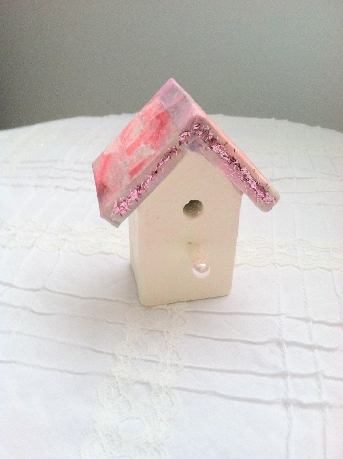 Solid Wood Bird House/Sparkles/Decoupage/Cottage - Shabby Chic