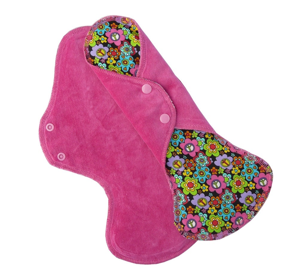 Cloth Menstrual Pad, 32cm/12.25", Postpartum, Pink Cotton Velour Peace Flowers & Zorb, Bamboo core