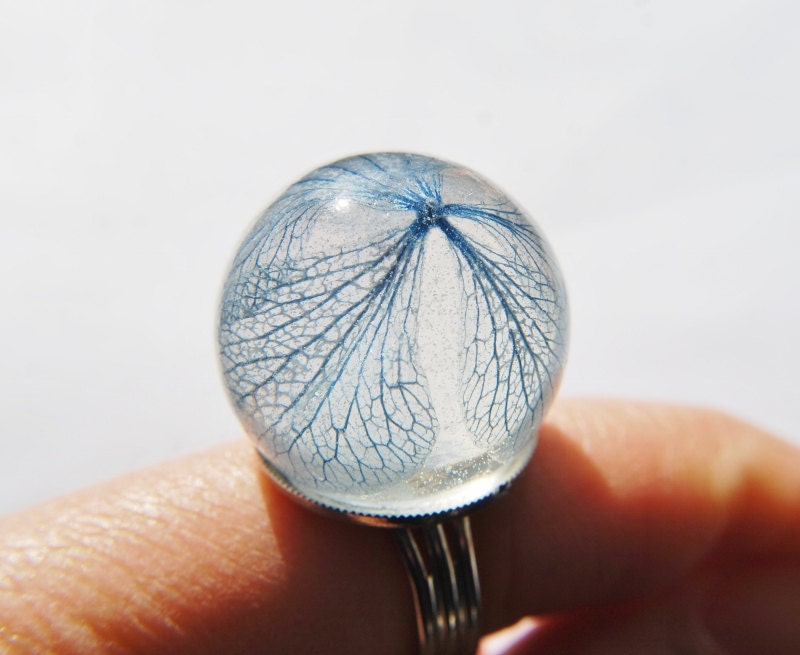 Blue Hydrangea Ring Real Flower Jewelry Resin Jewelry Globe Ball Orb Large Statement Adjustable Resizable