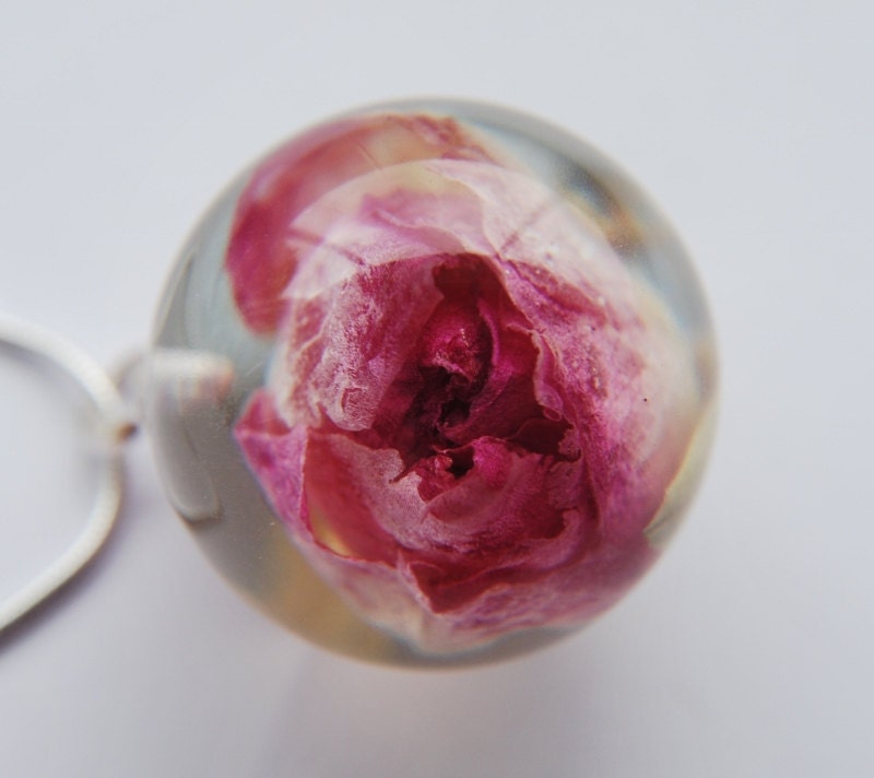 Real Rose Necklace Dried Flower Pink Rose Orb Resin Pendant Romantic Love Botanical Dried Plant Nature Sterling Silver
