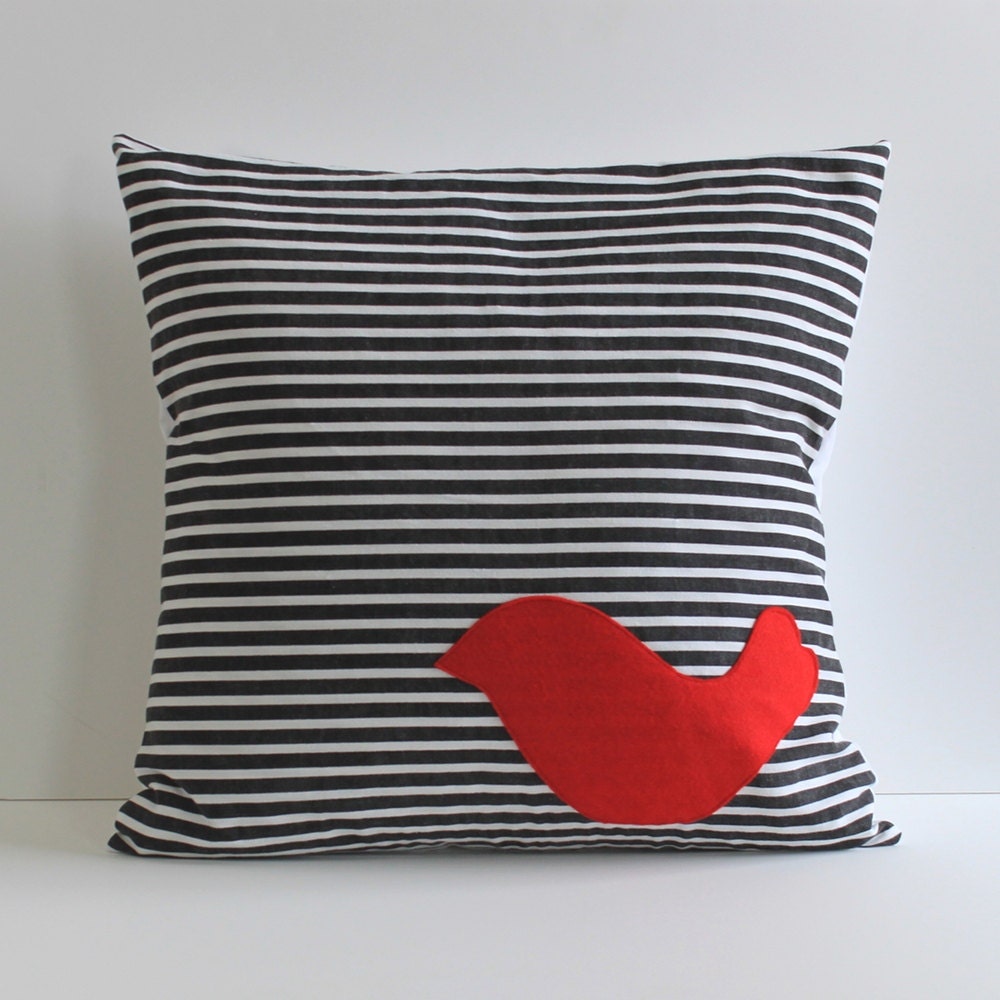 red bird pillow cover, applique on black and white striped fabric, 20X20