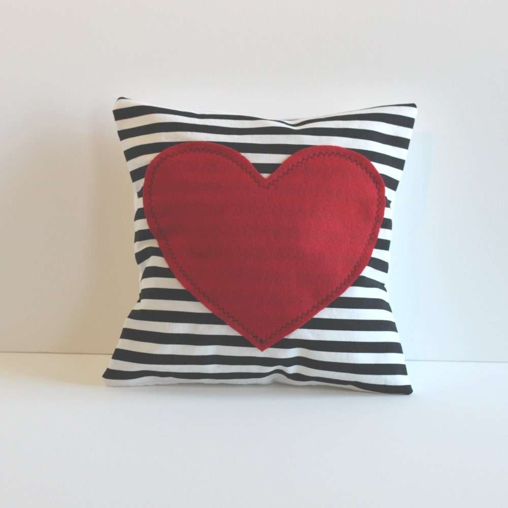 red heart pillow cover black and white striped