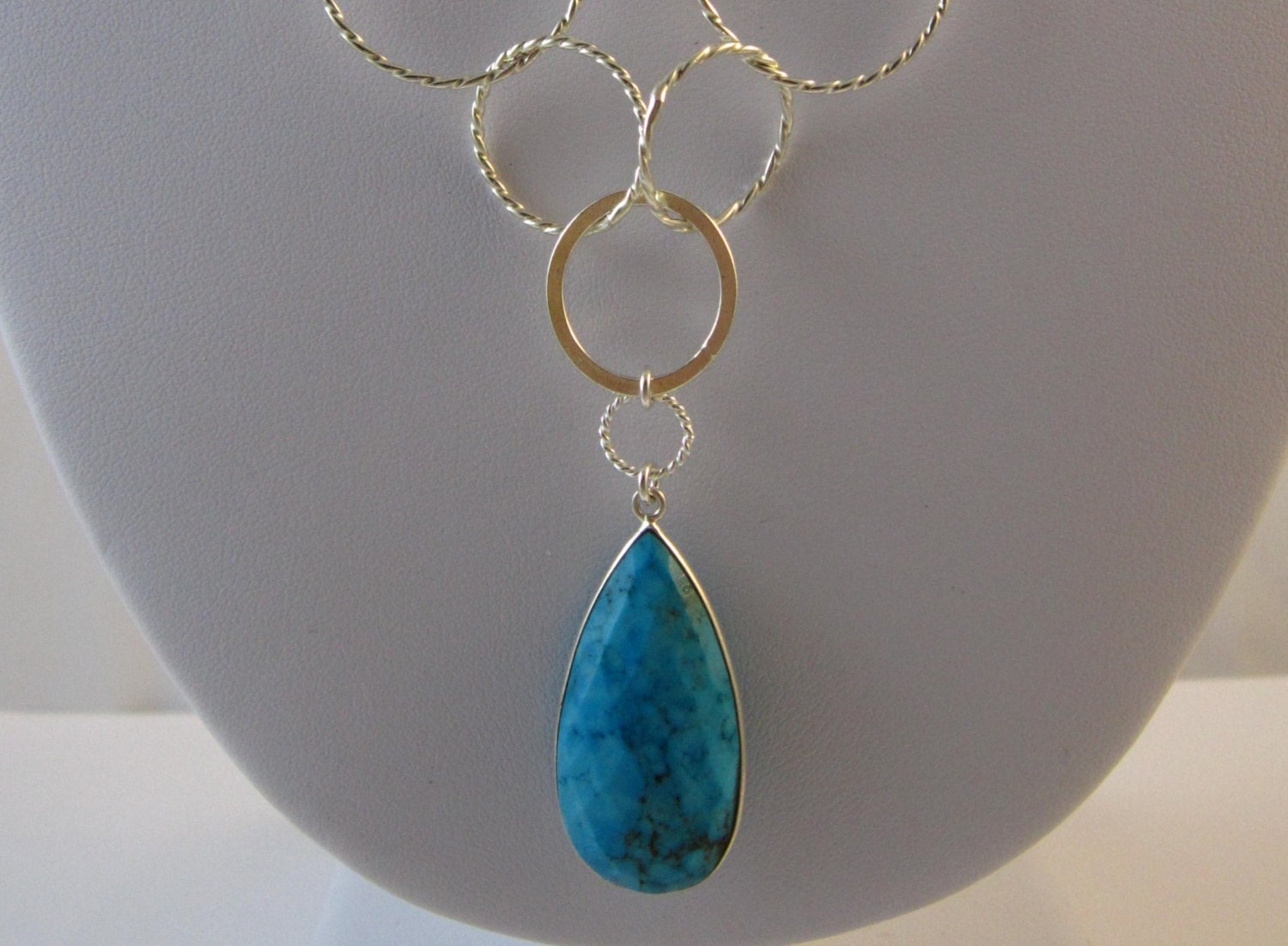Sterling Silver Rope Chain and Faceted Teardrop Bezel Set Turquiose Stone Necklace - Lightweight, Feminine, Southwestern, Unique, Bold
