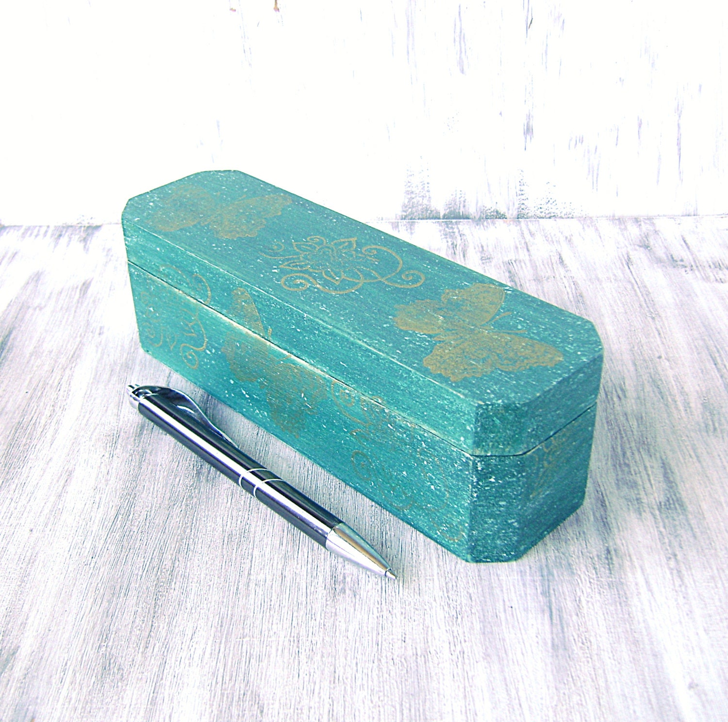 Emerald green jewelry box, Memory box, Treasury Wooden Distressed Box, Keepsake box, pencil pen holder, Office organizer, pencil case