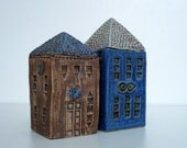 Blue Ceramic House With Pink Roof   Miniature. Tall Blue House   OOAK