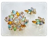 Vintage Rhinestone Pinwheel Star Brooch in Pastels with Matching Earrings  -  1629a-121012000