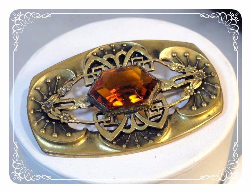 Art Deco Rectangle Vintage Brooch with Amber Stone - Looks like Machine Age 1030a-022313000