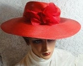 Vintage Wide Brim Red  Straw Hat with Silk Flowers   -  H-024a-040113000