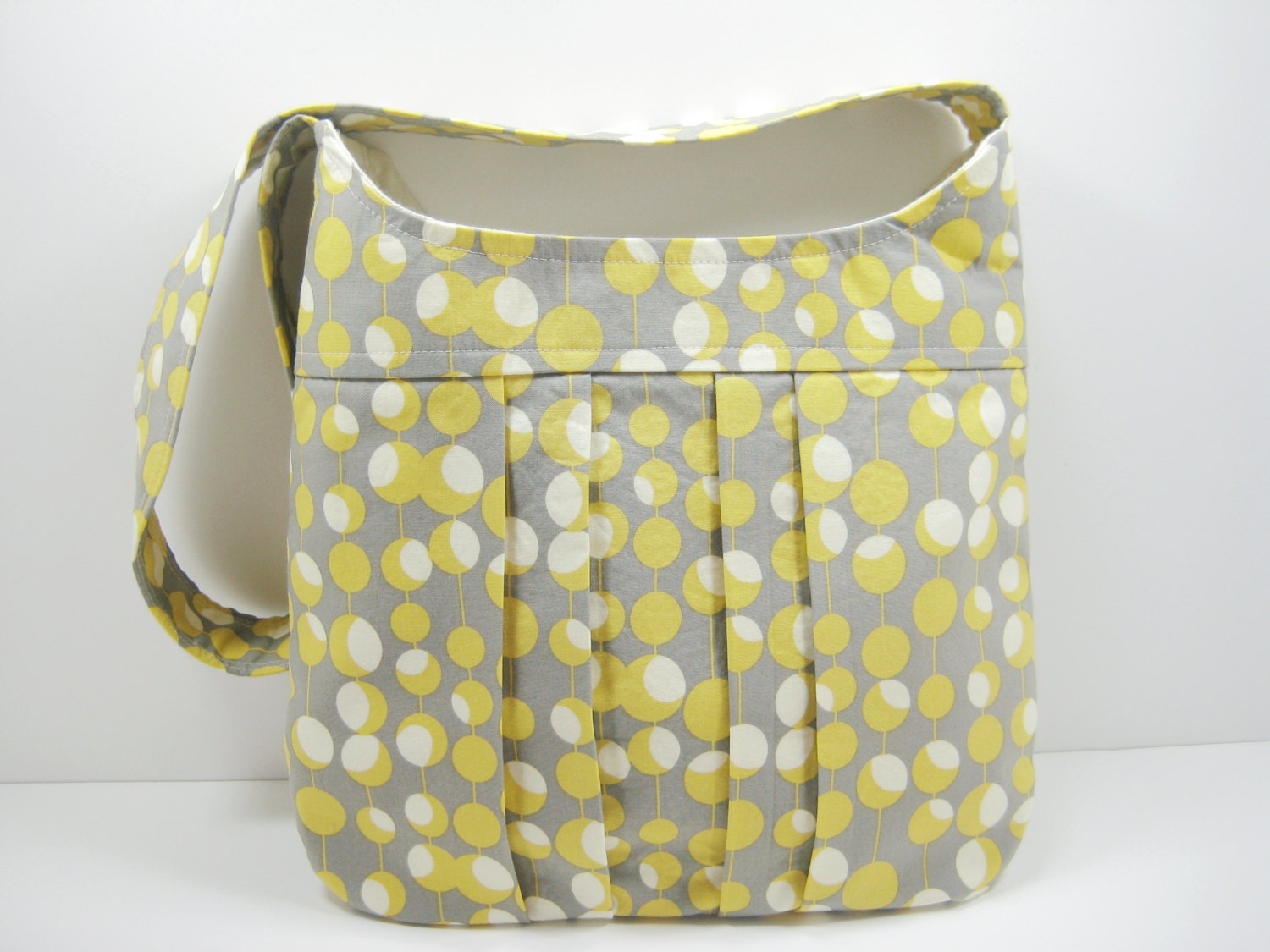 Pleated Cross Body Bag, Pleated Bag, Tote in Mustard and Grey Mod Dot print