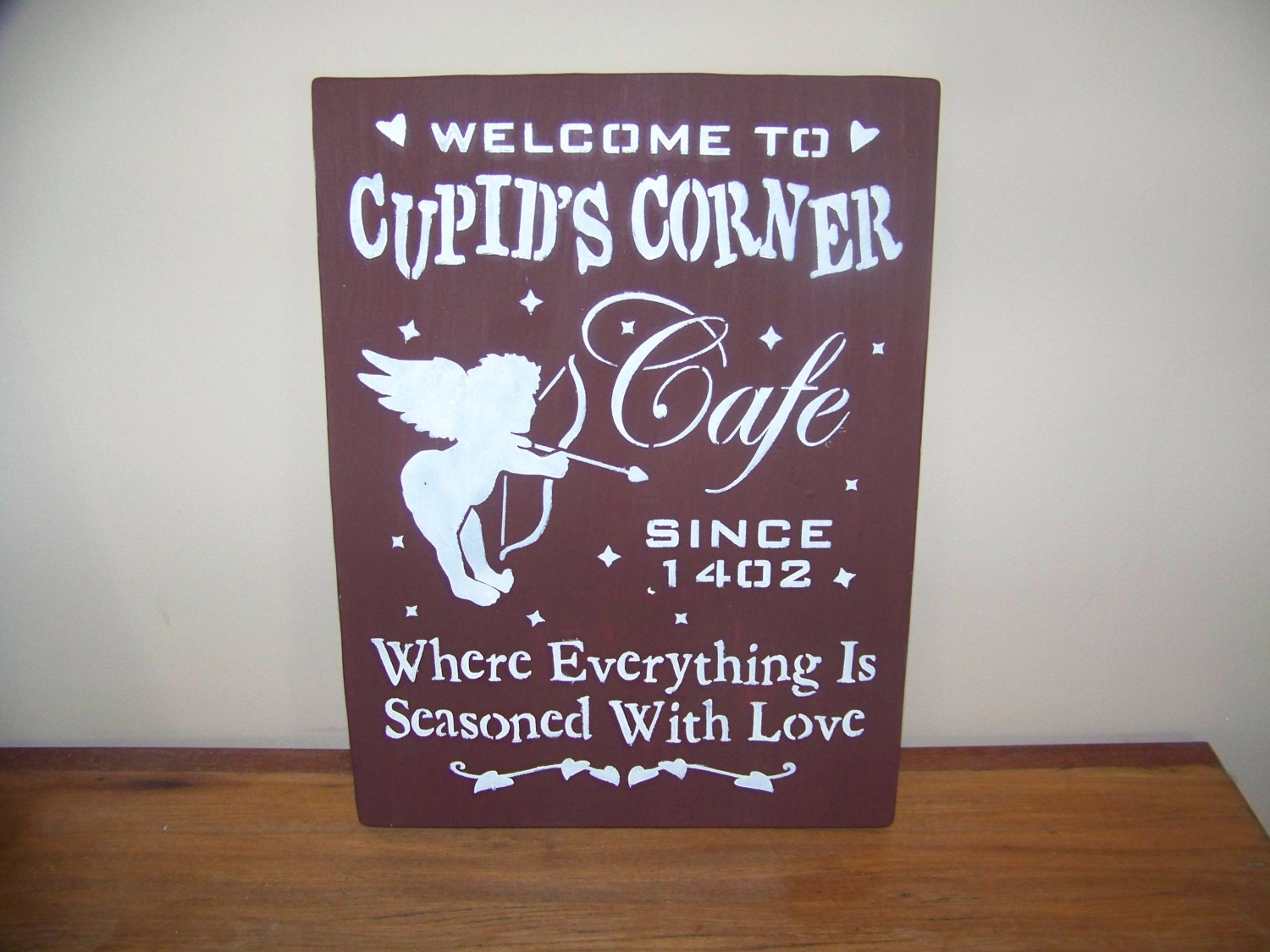 Primitive Rustic Burgundy Cupid Cafe Woodcraft Stencilled Sign for Valentine's Day