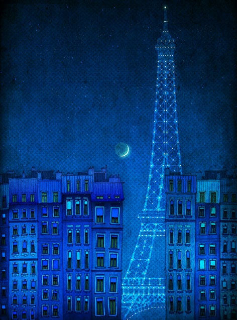 Paris illustration - The lights of the Eiffel tower - 11x14 art print, Fine art illustration, Art Posters, Paris art, Paris decor, Wall art