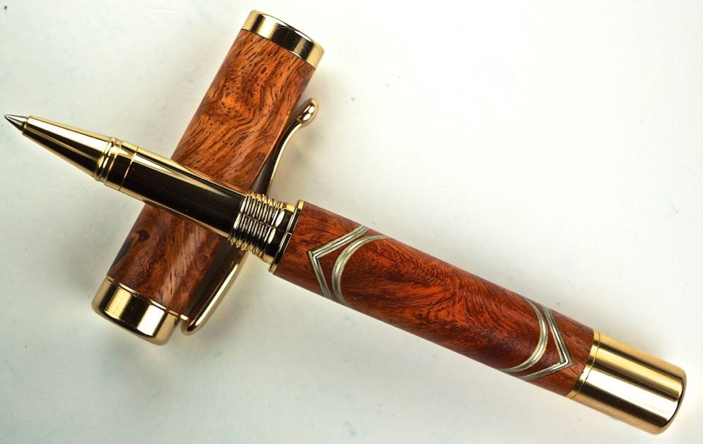 Handcrafted Wooden Pen Hand Turned Rollerball Pen Beautiful Amboyna Burl with wood and Aluminum Accents Gold Hardware 422U