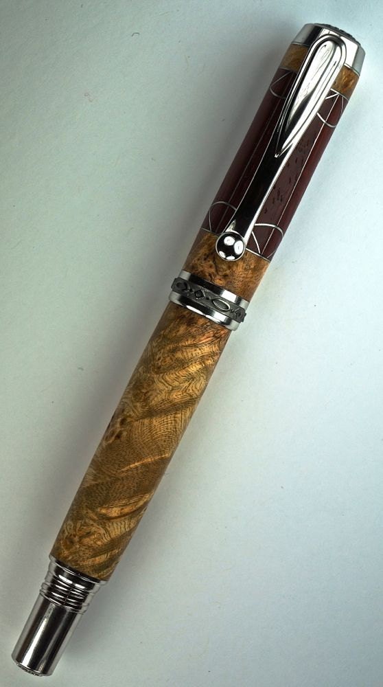 Handcrafted Wooden Pen Hand Turned Fountain Pen Padauk and Cherry Burl with Aluminum Accents Rhodium and Black Titanium Hardware 448FPA