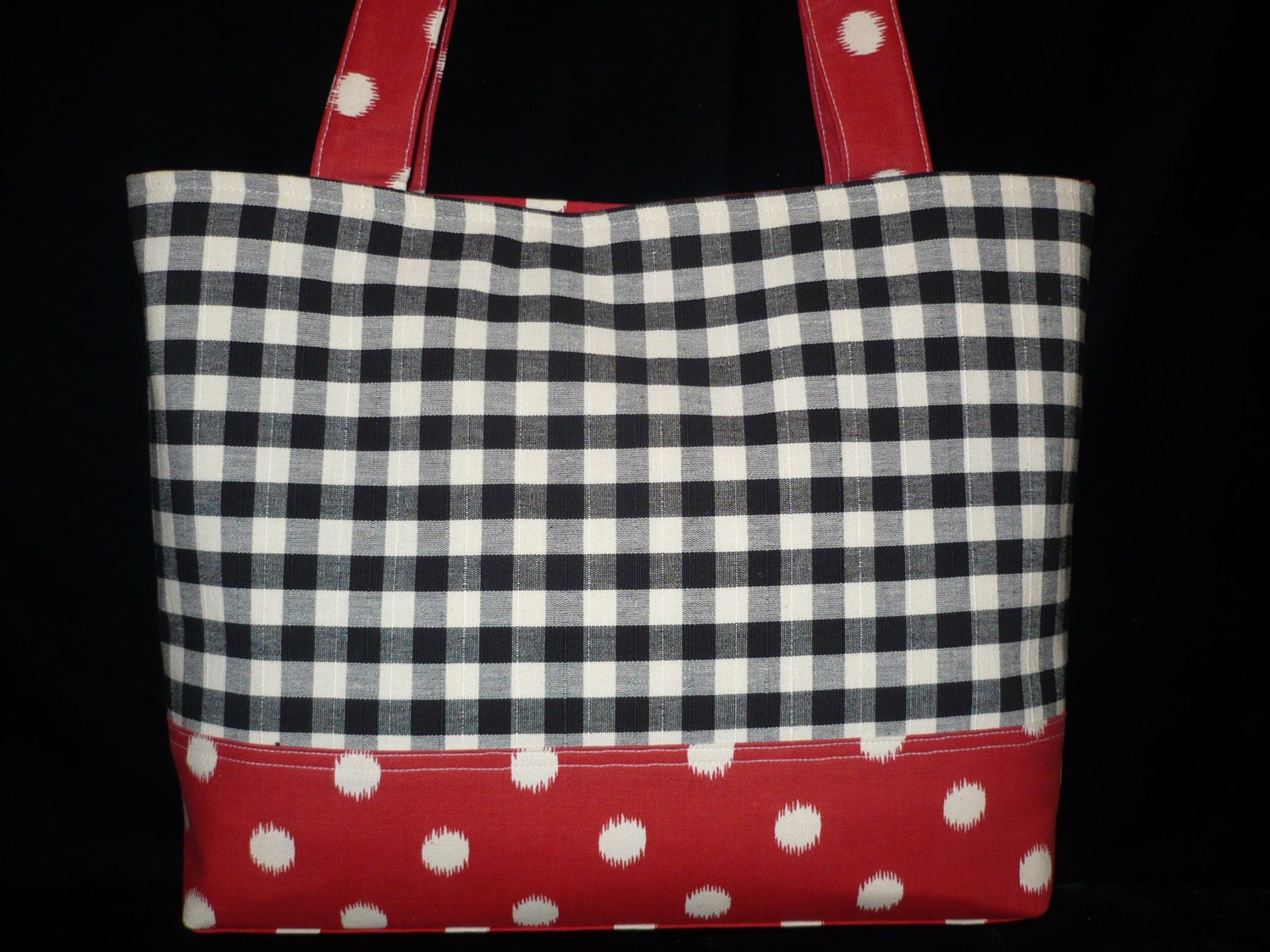 Black/Cream with Red/Cream Polka Dot Handmade Tote Bag Purse