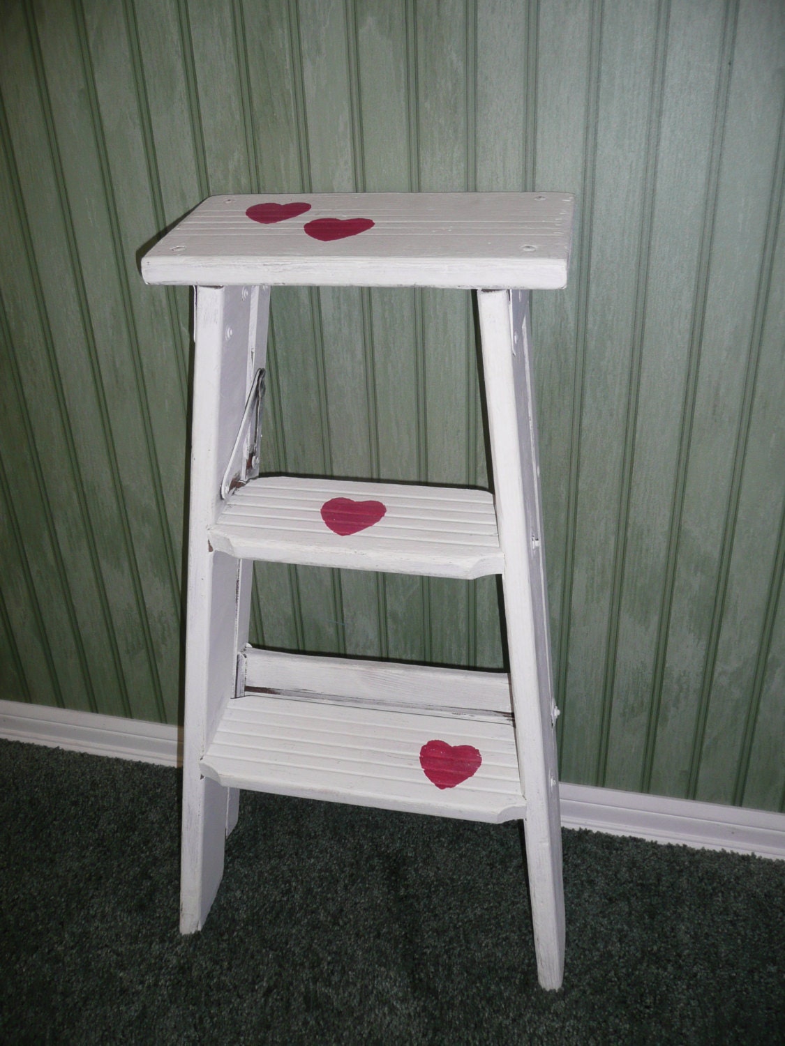 Vintage Farmhouse Ladder, Wooden Step Ladder with White Paint and Red Hearts, Display Stand - Shabby Cottage Home and Garden Decor