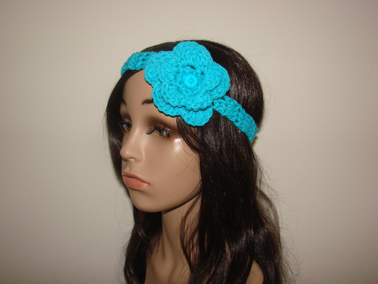 Beautiful elegant  Blue Aqua Turqoise thin 1" Flower Hand Crochet lace headband, Spring Summer skinny Headband, boho bohemian Teen Adult
