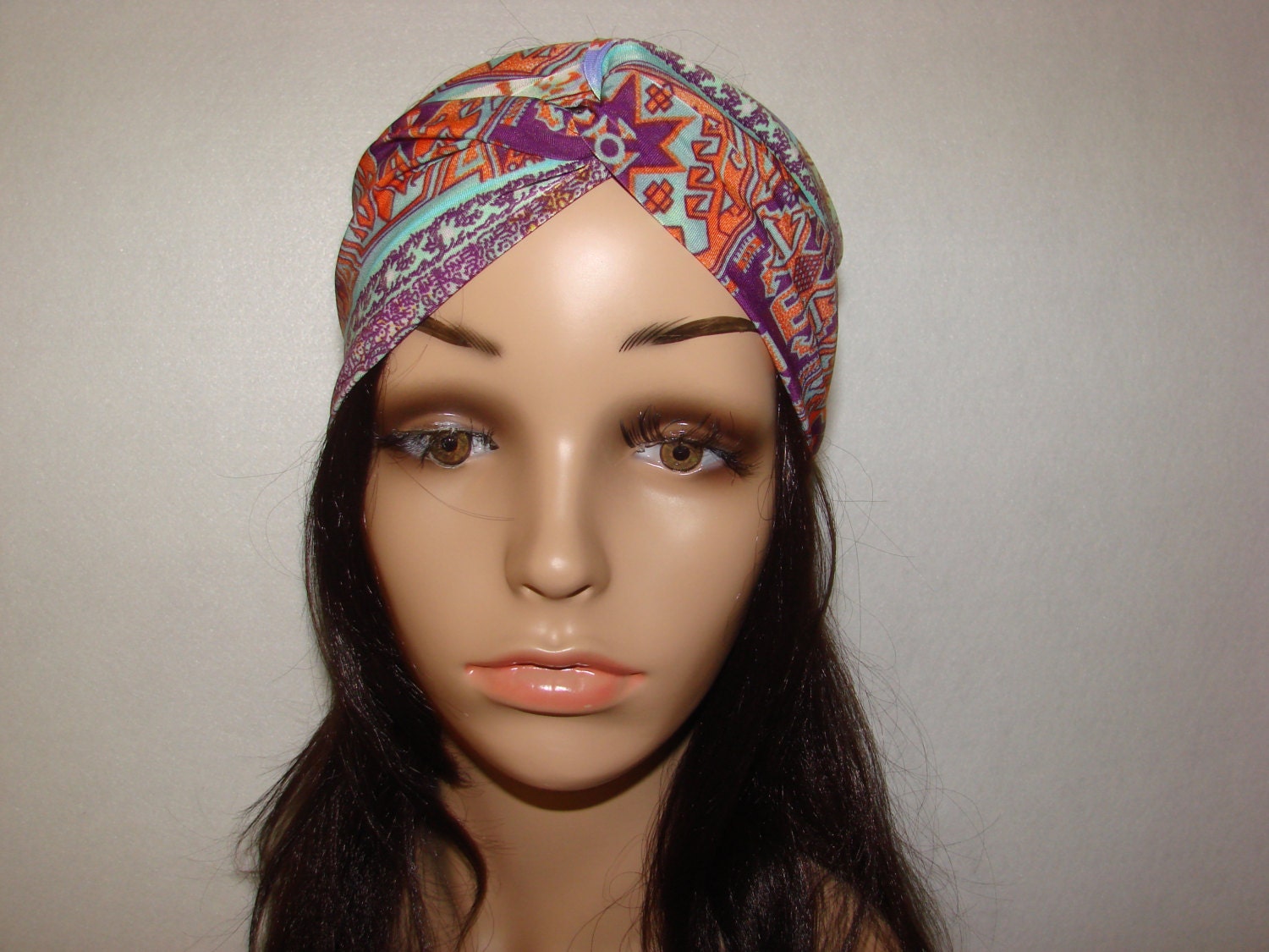Boho Turban Headband jersey knit,Yoga Headband, Blue Purple Orange Multicolor Bohemian Adult Woman tribal boho hippie head wrap, head scarf
