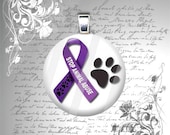 Animal Abuse Awareness Ribbon With Paw Print - 1 inch Glass Circle Photo Pendant Necklace