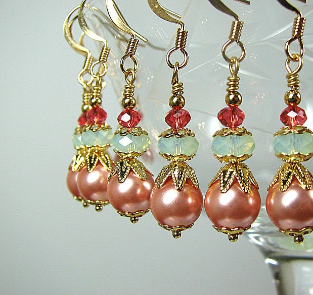 Peach and mint green bridesmaid jewelry Crystal and pearl beaded earrings Bridesmaid earrings Prom wedding bridal jewelry Beaded jewelry