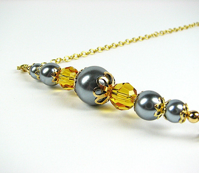 Grey and yellow bar necklace Swarovski crysta  and glass pearl beaded jewelry Wedding prom bridesmaid bridal jewelry Mothers Day