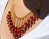 Boho red crystal bib necklace Gold chain necklace Bronze beaded necklace Bohemian mixed metal beaded jewelry