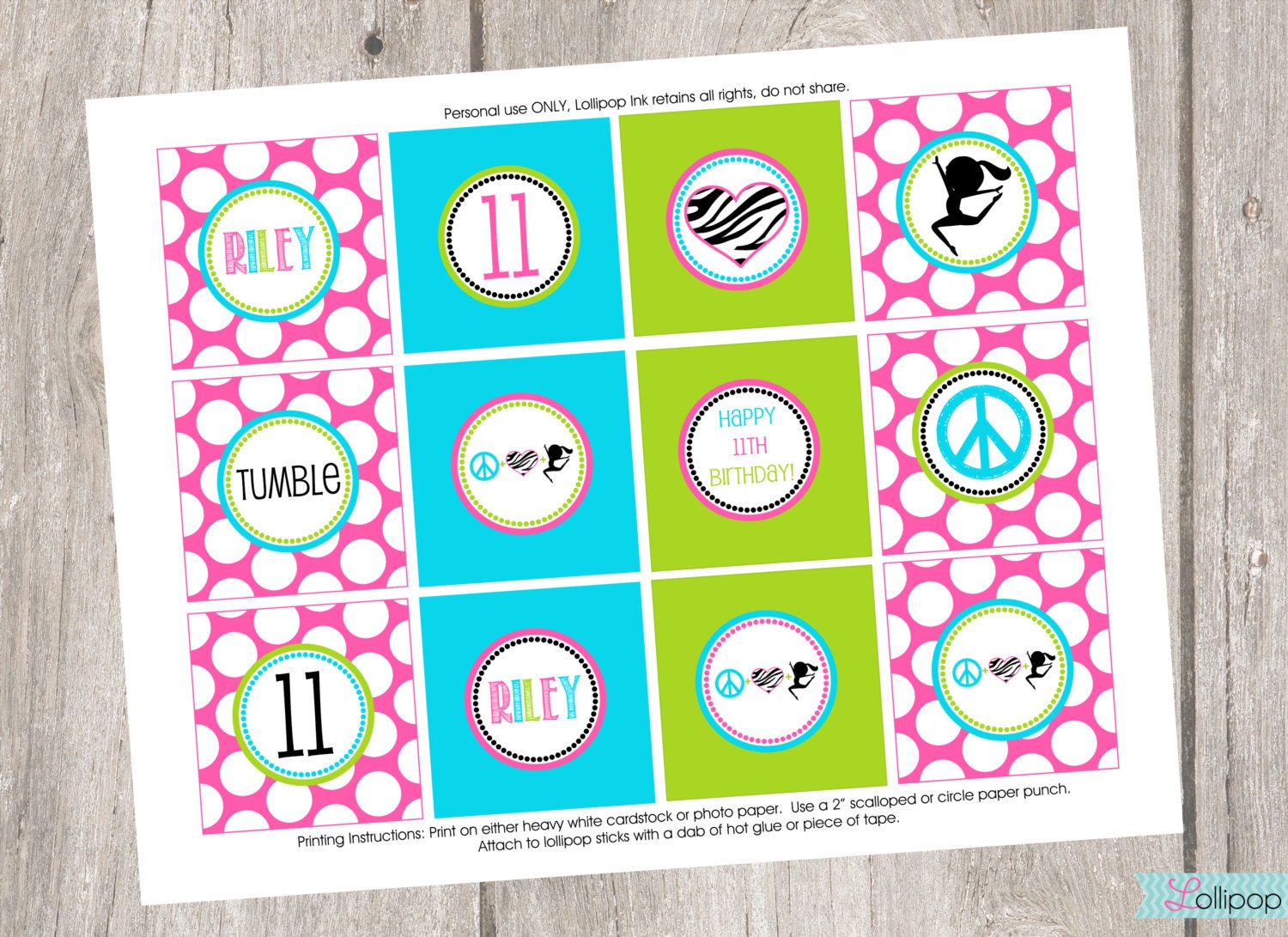 Peace Love Gymnastics Printable Party Circles, DIY Personalized Gymnastics Cupcake Toppers