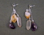 Citrine Crystal Amethyst Point Silver Earrings- 3 Hanging Crystal Points on Silver Chain