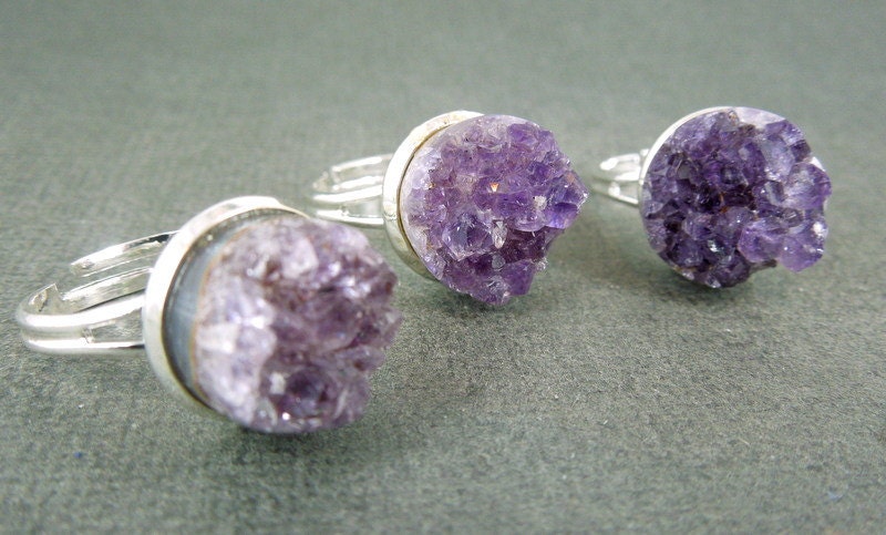 Raw Amethyst Druzy Drusy Druzzy Round Cluster ring on an adjustable silver layered band
